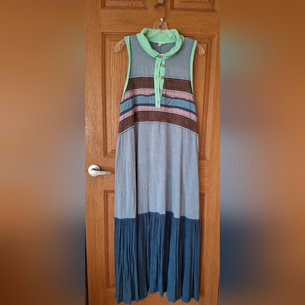 NWT Olie & Hali Washed Fabric Mixed Sleeveless Maxi Dress in Blue (M)